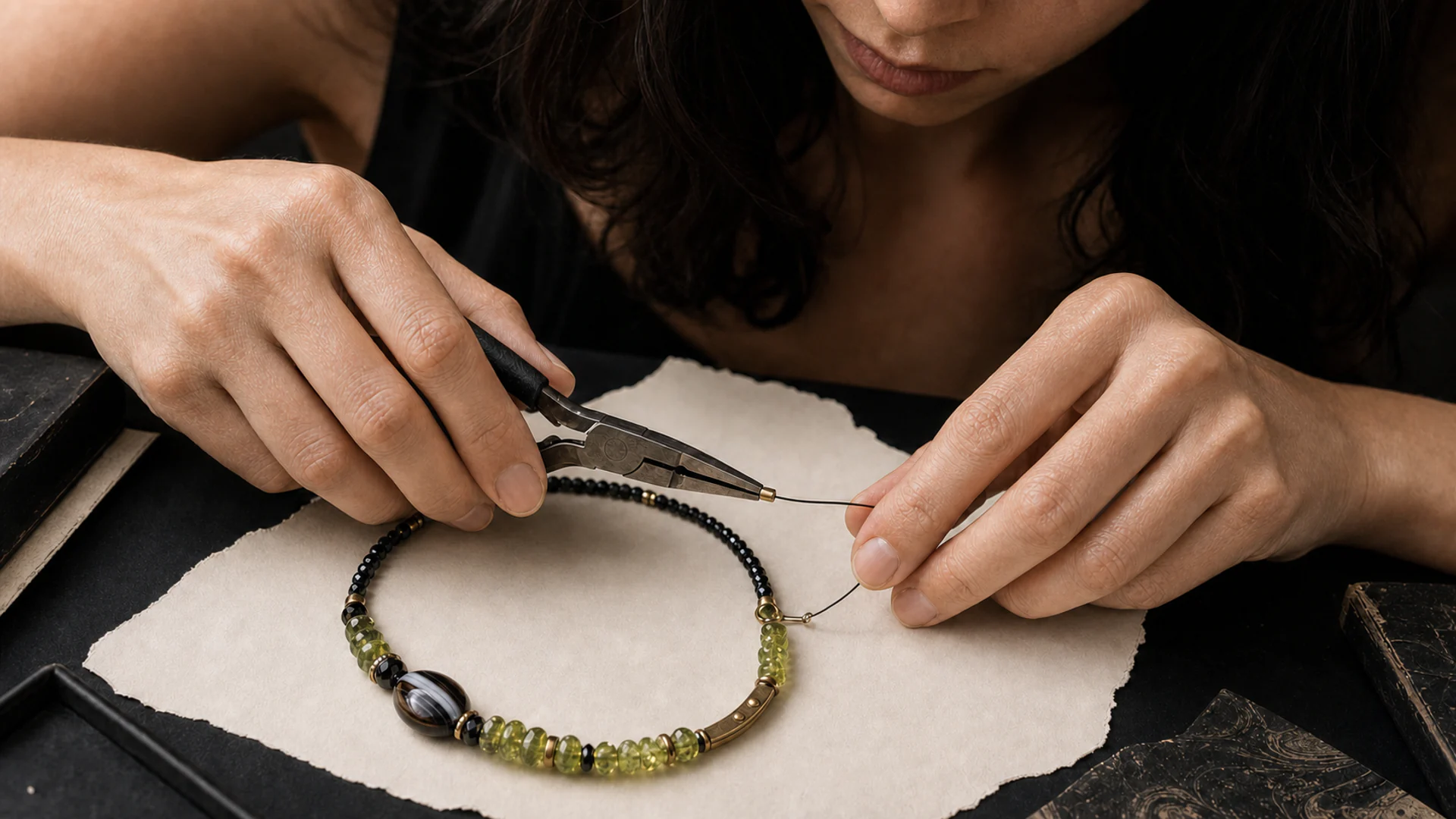 Jewelry maker using pliers to connect the final clasp of a green and black stone collar
