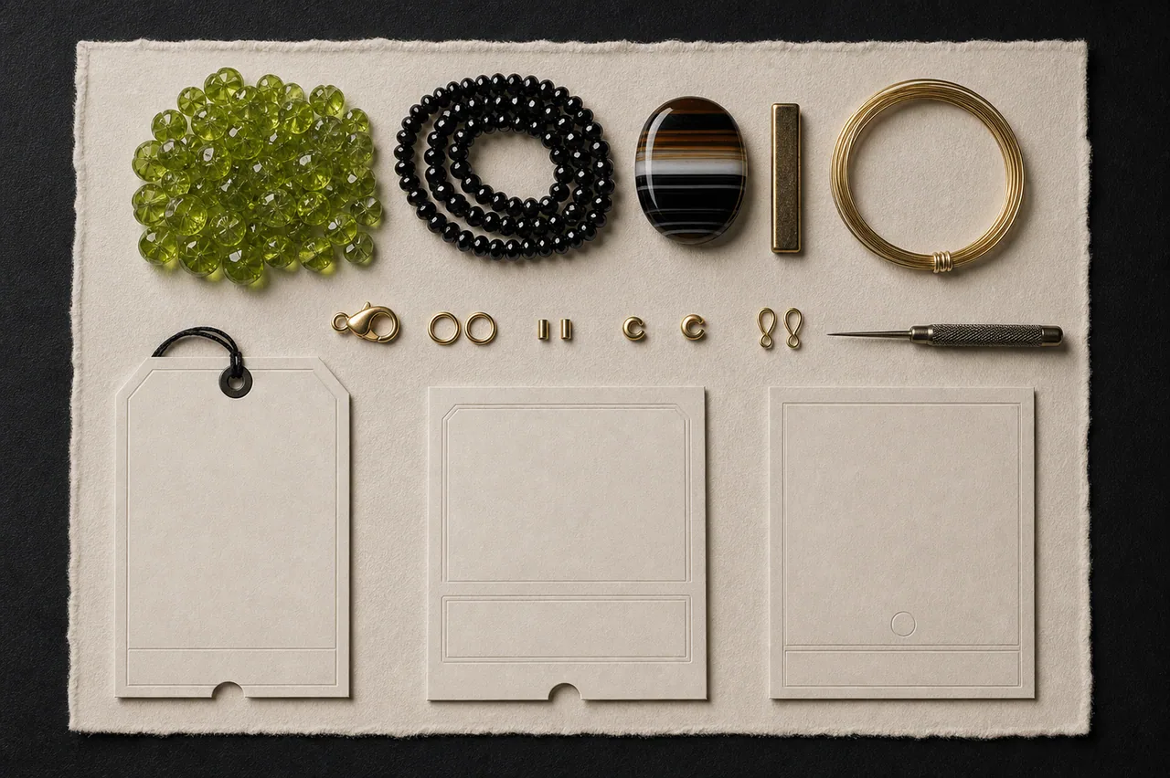Green stones, findings, and jewelry components arranged before making